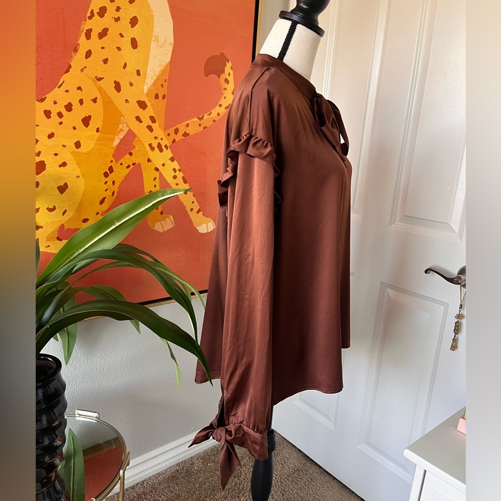 Express Brown Long Sleeve Satin Blouse Size L Ruffles Bow Ties NWT - Picture 7 of 9